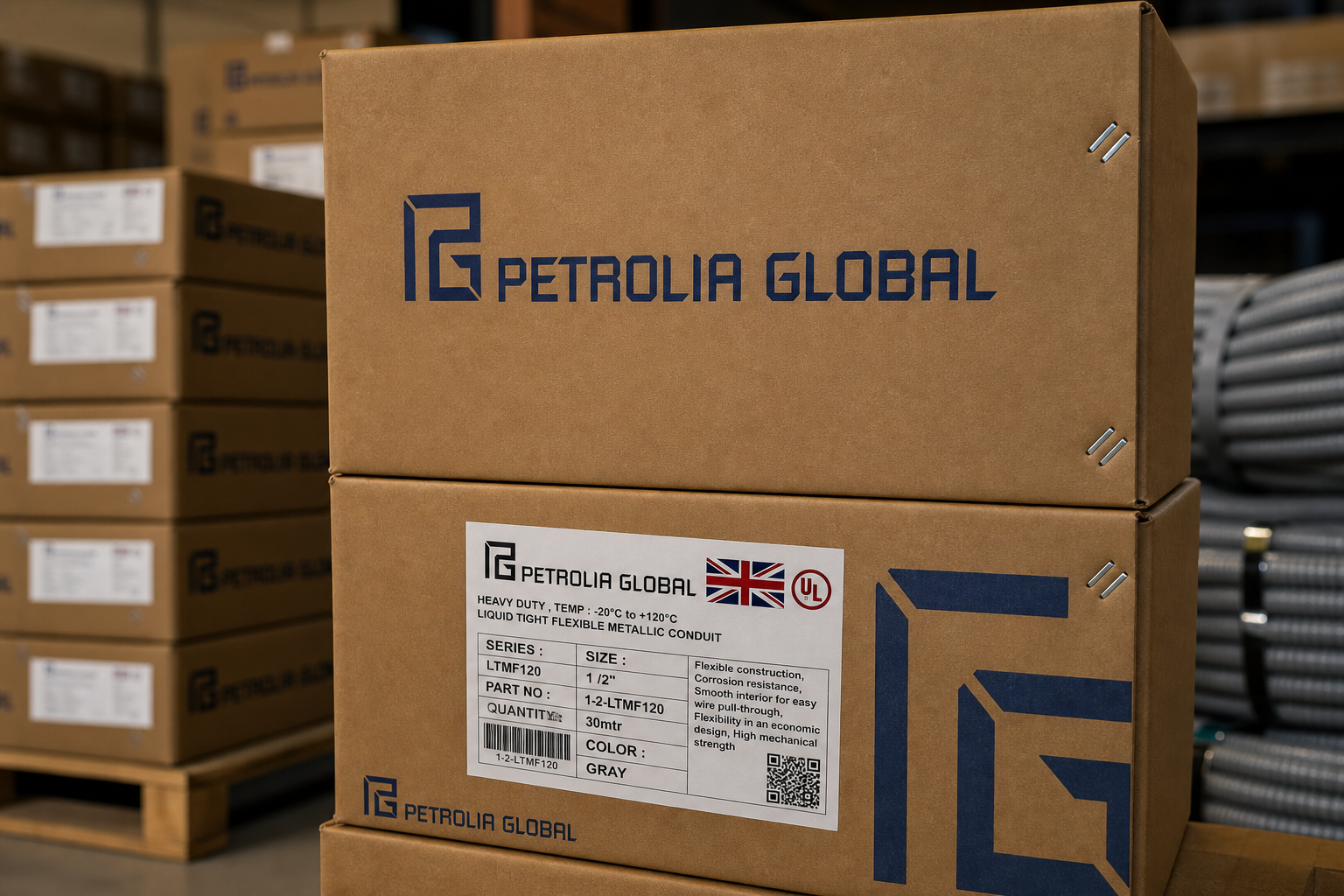 Petrolia Global liquid-tight flexible conduit packaging